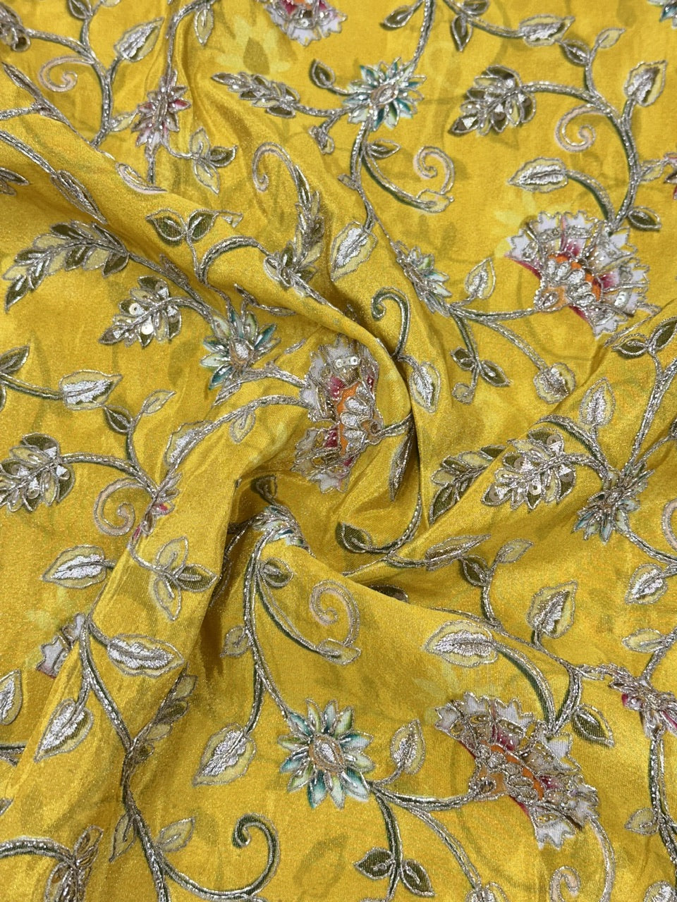 Shimmer Tissue Zardosi & Sequins Placement Print Yellow Fabric