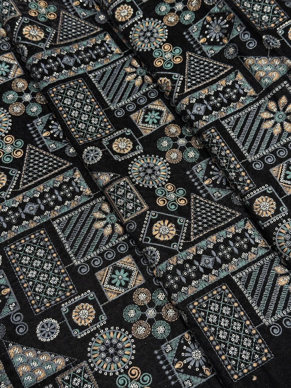 Black Velvet Multi-Threads & Sequins Geometric Work