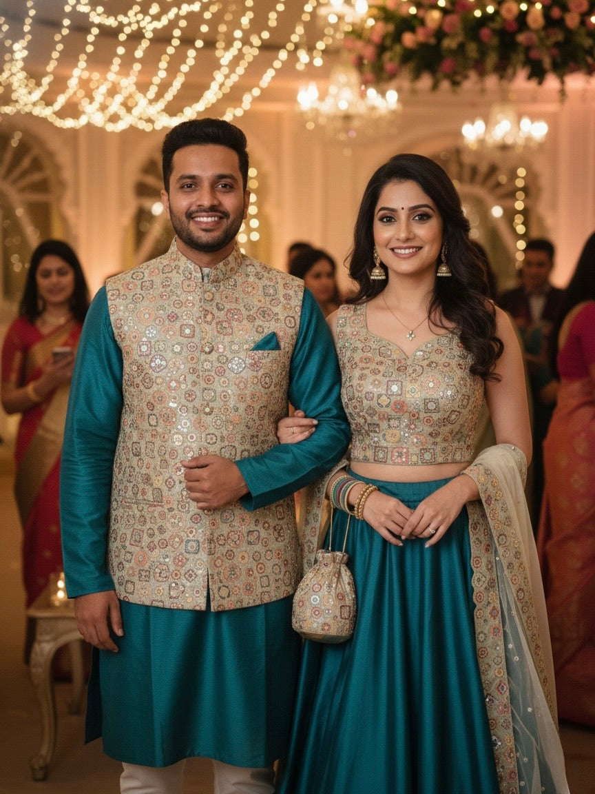 Man and woman in traditional attire standing together at a festive event with string lights and decorations in the background.