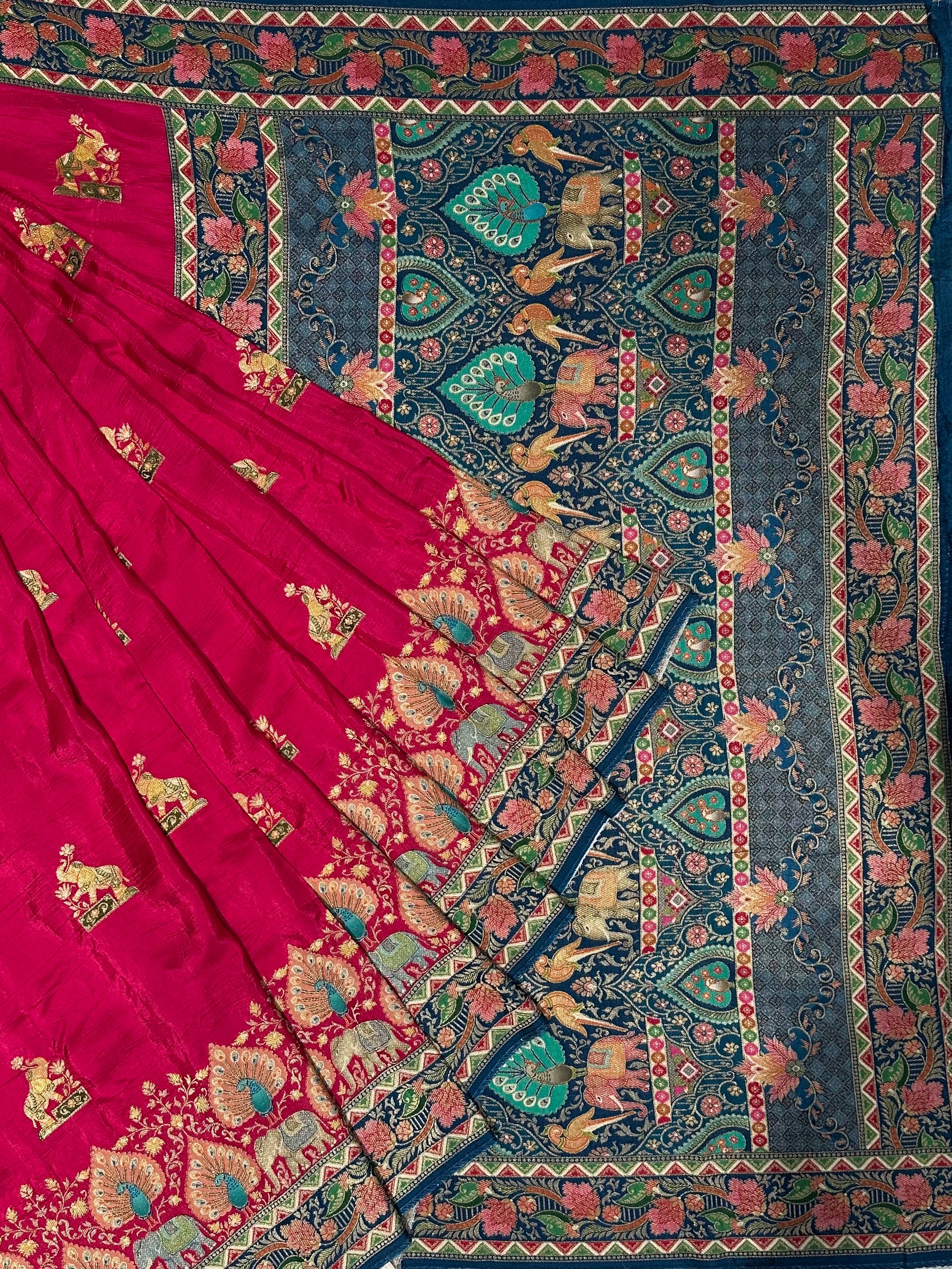 Silk Elephant & Peacock Banarasi Printed Saree