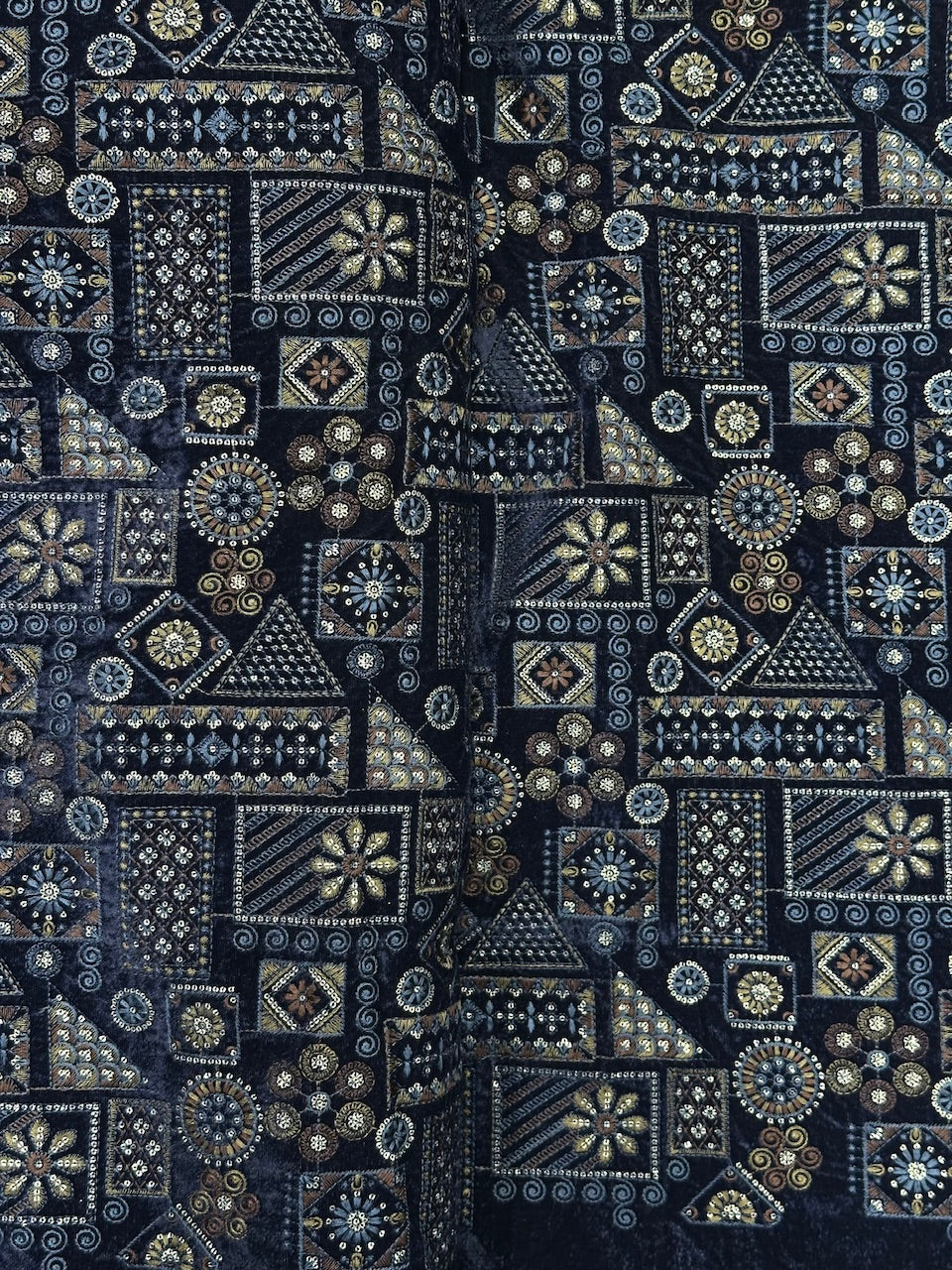 Navy Blue Velvet Multi-Threads & Sequins Geometric Work