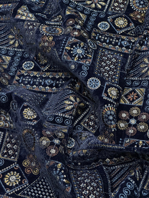 Navy Blue Velvet Multi-Threads & Sequins Geometric Work