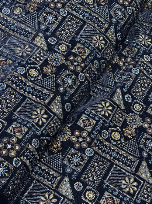 Navy Blue Velvet Multi-Threads & Sequins Geometric Work