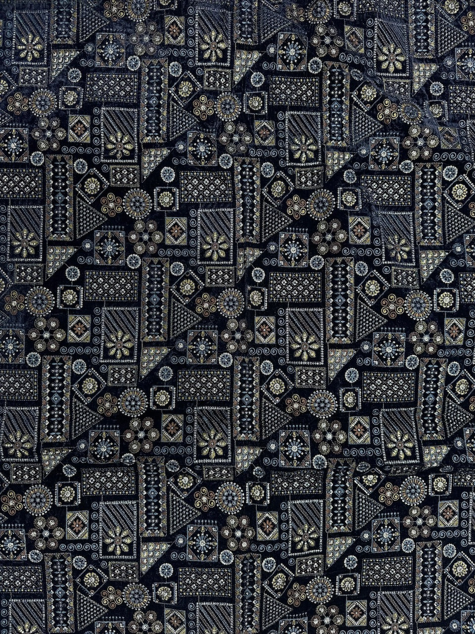 Navy Blue Velvet Multi-Threads & Sequins Geometric Work