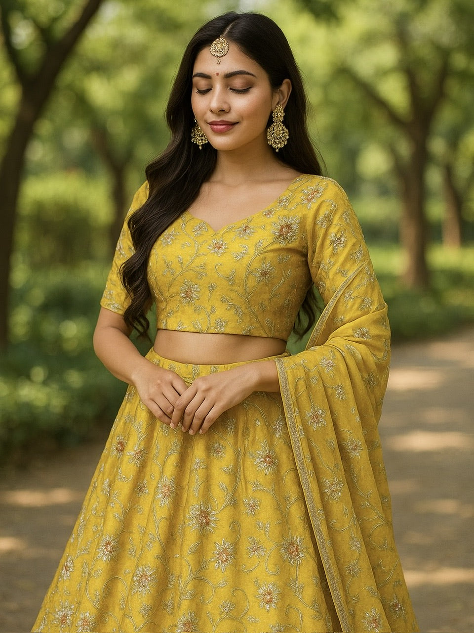 An Indian woman wearing a bright mustard yellow Navratri lehenga choli made from shimmer tissue fabric with zardosi embroidery, zari, and sequins. She is standing outdoors in a sunlit garden, accessorized with traditional jewelry including jhumkas and a maang tikka, exuding an elegant festive look.
