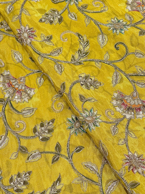 Premium Shimmer Tissue Zardosi & Sequins Placement Print Yellow Fabric
