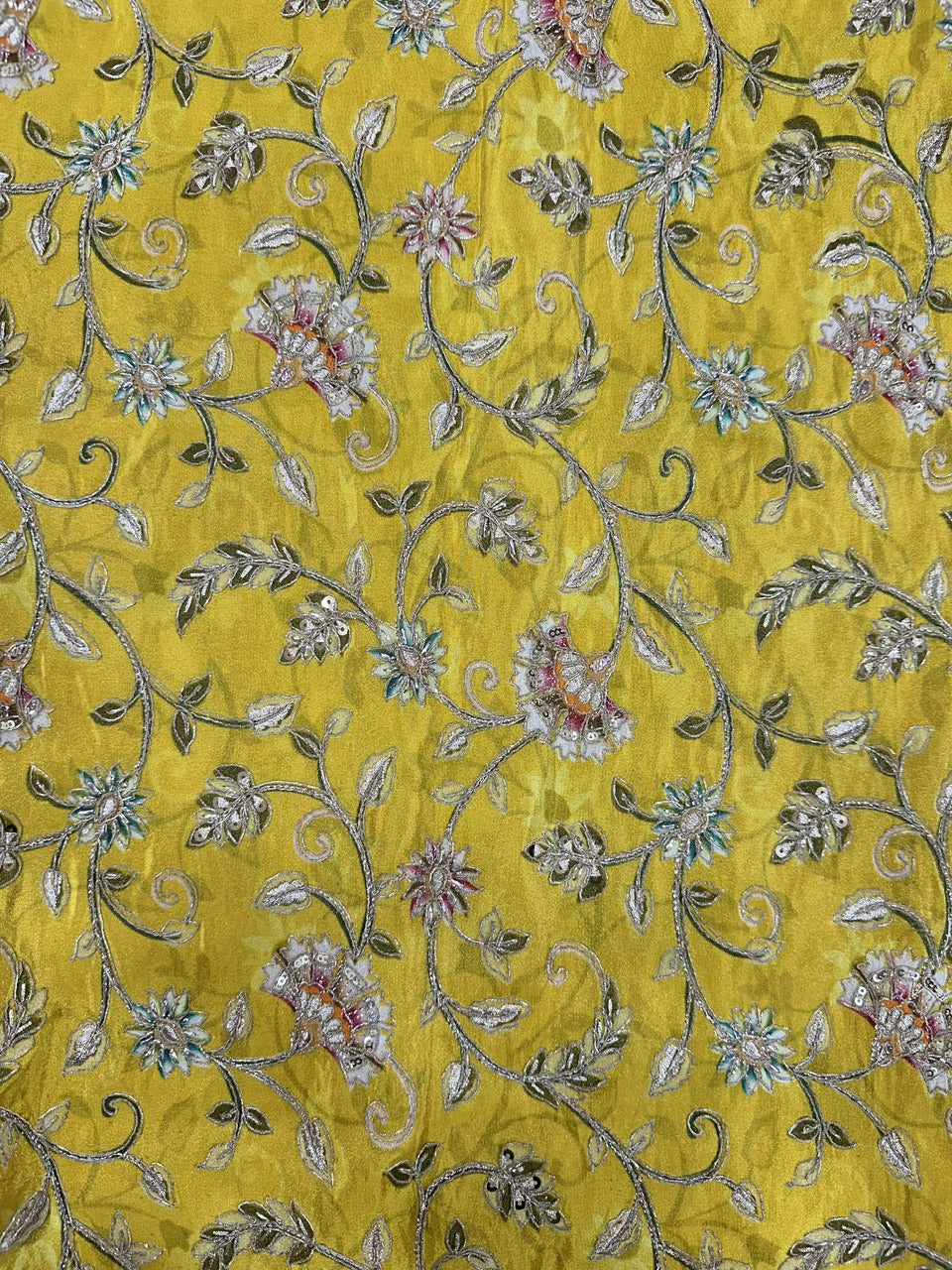 Premium Shimmer Tissue Zardosi & Sequins Placement Print Yellow Fabric