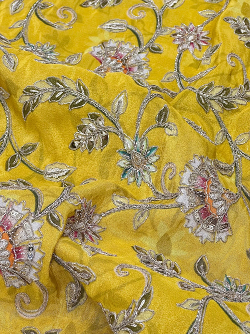 Premium Pure Shimmer Tissue Zardosi & Sequins Placement Print Yellow Fabric