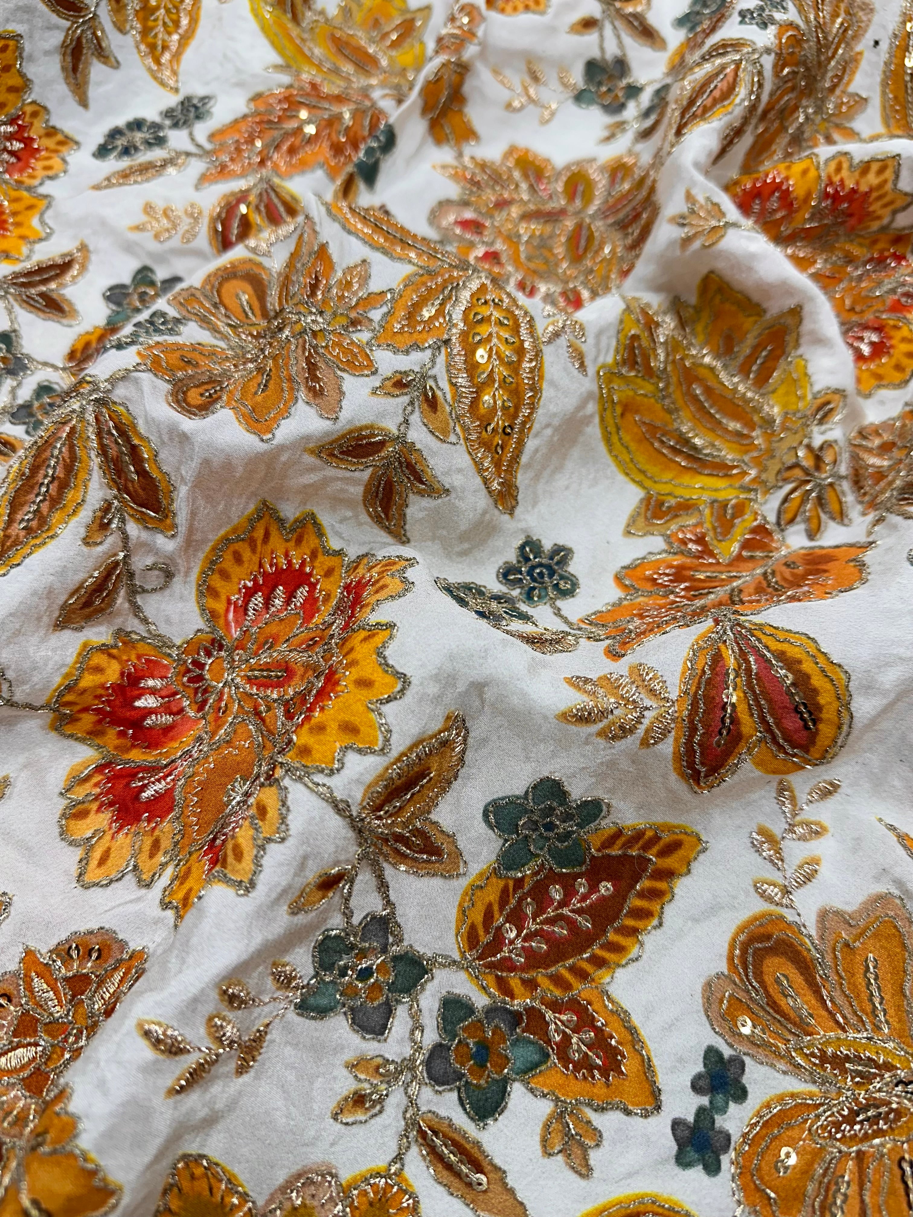 Soft Natural Crepe Floral Placement Print Mustard