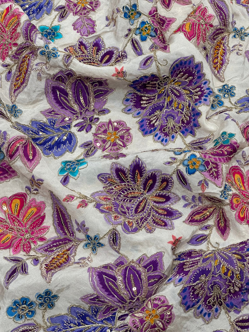 Soft Natural Crepe Floral Placement Print Purple