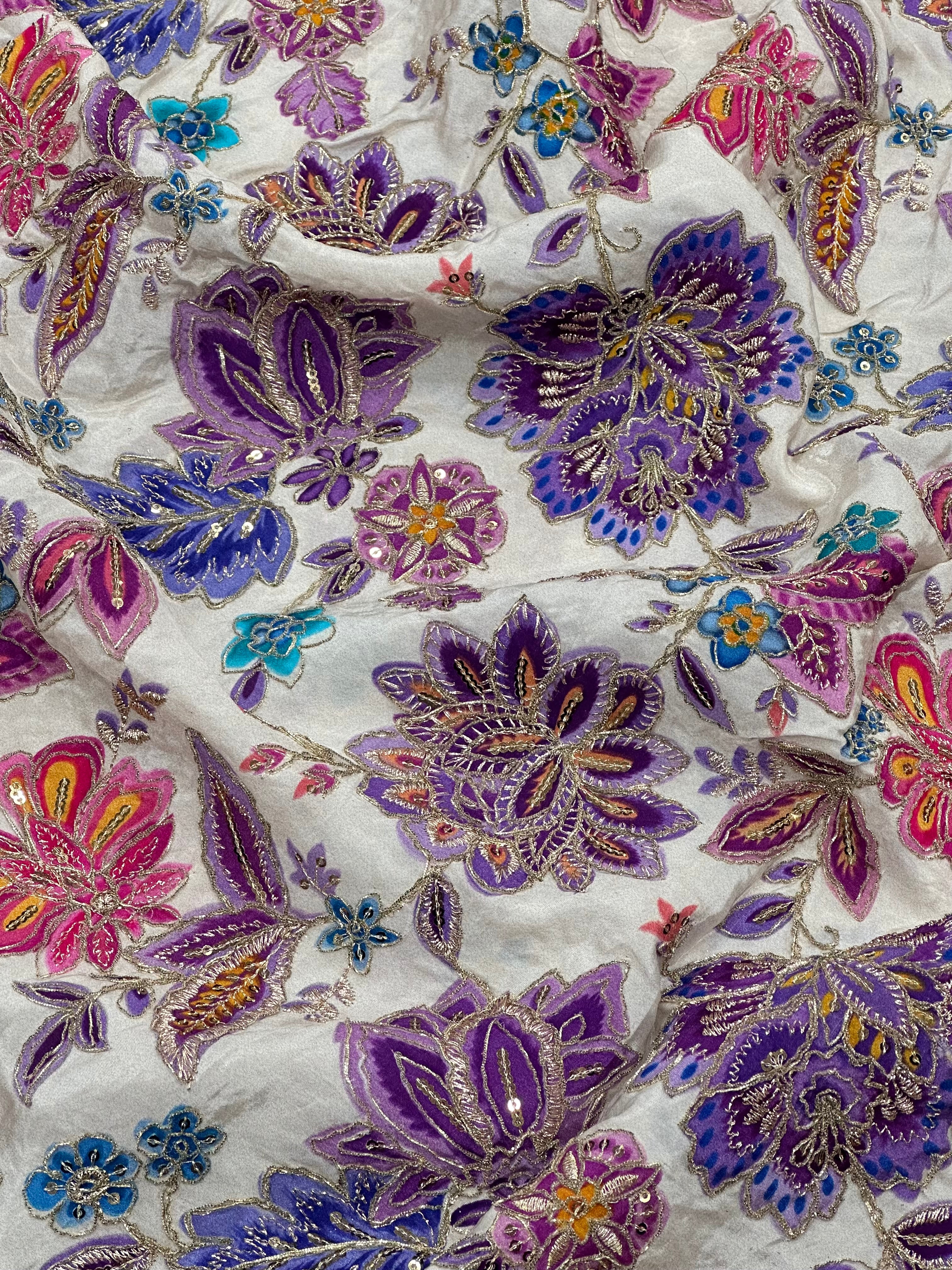 Soft Natural Crepe Floral Placement Print Purple