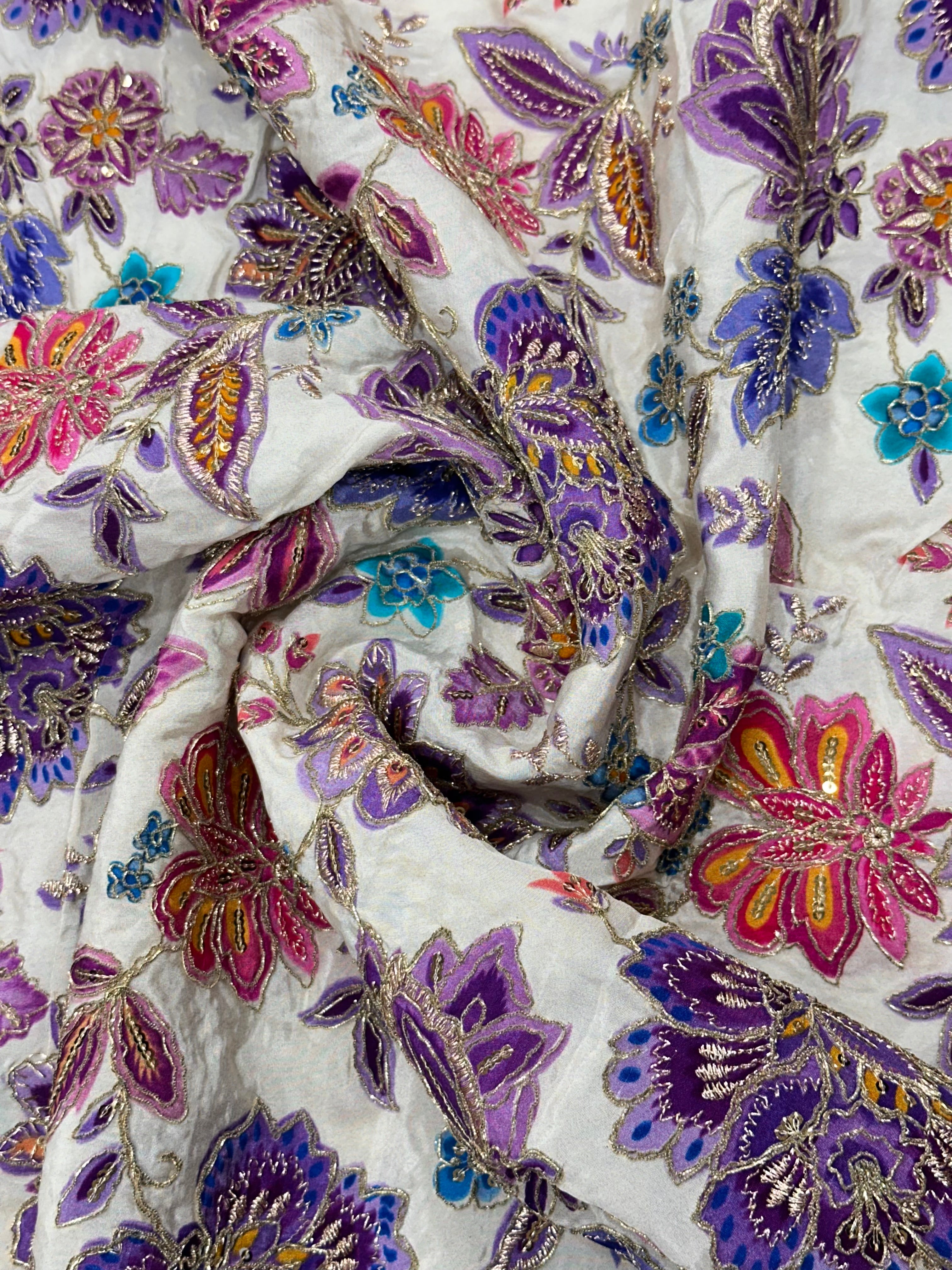 Soft Natural Crepe Floral Placement Print Purple