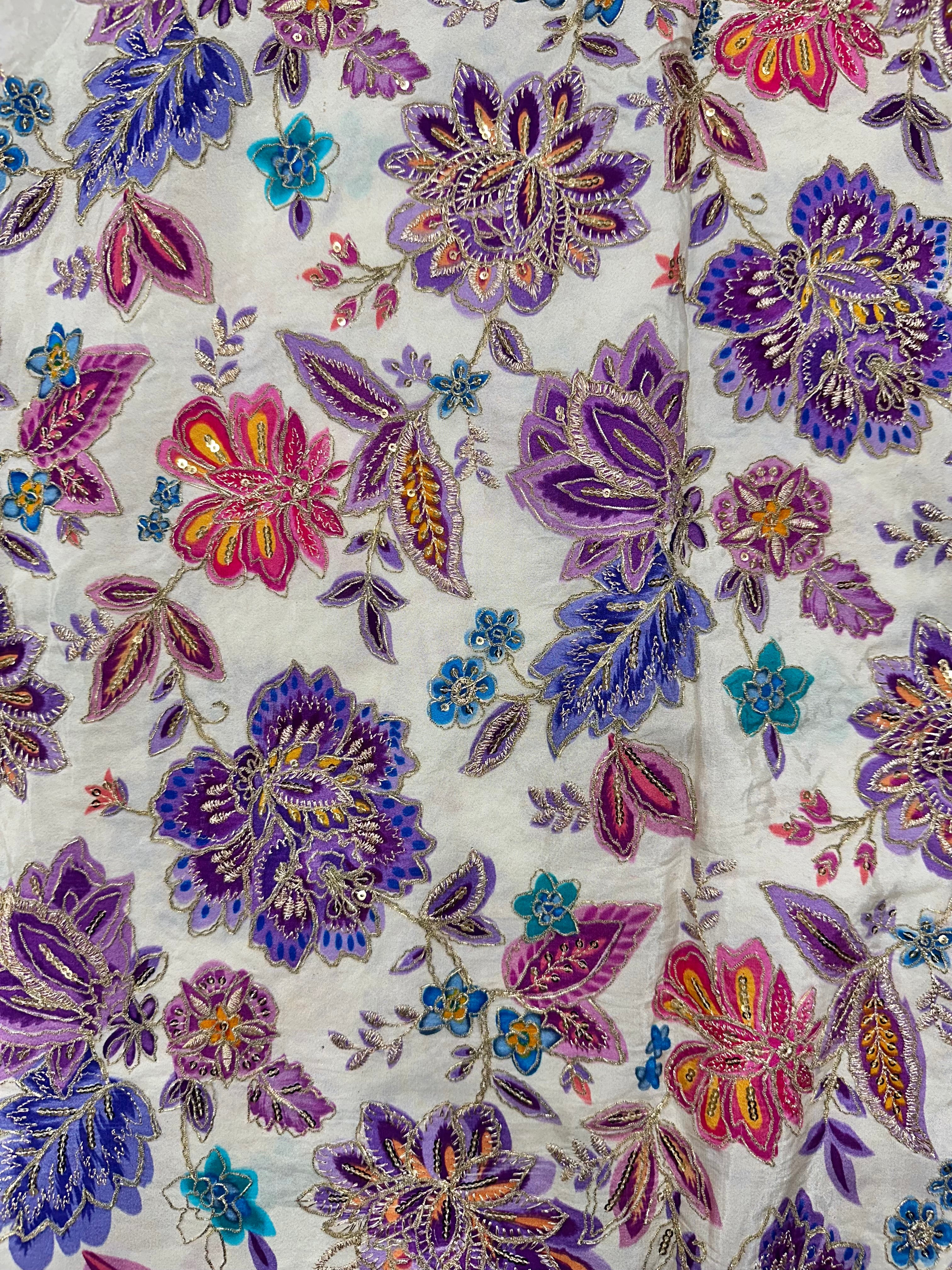 Soft Natural Crepe Floral Placement Print Purple