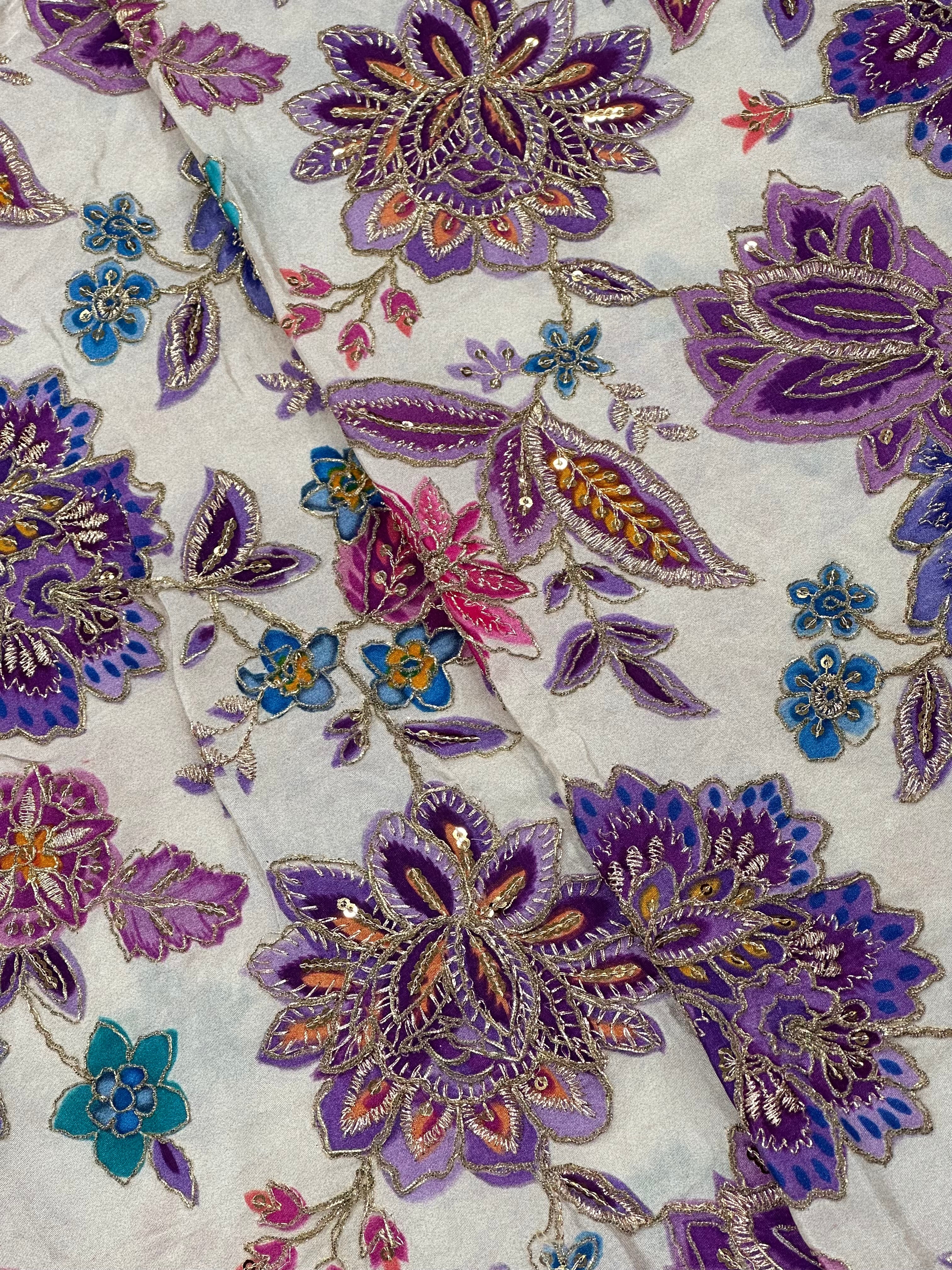 Soft Natural Crepe Floral Placement Print Purple
