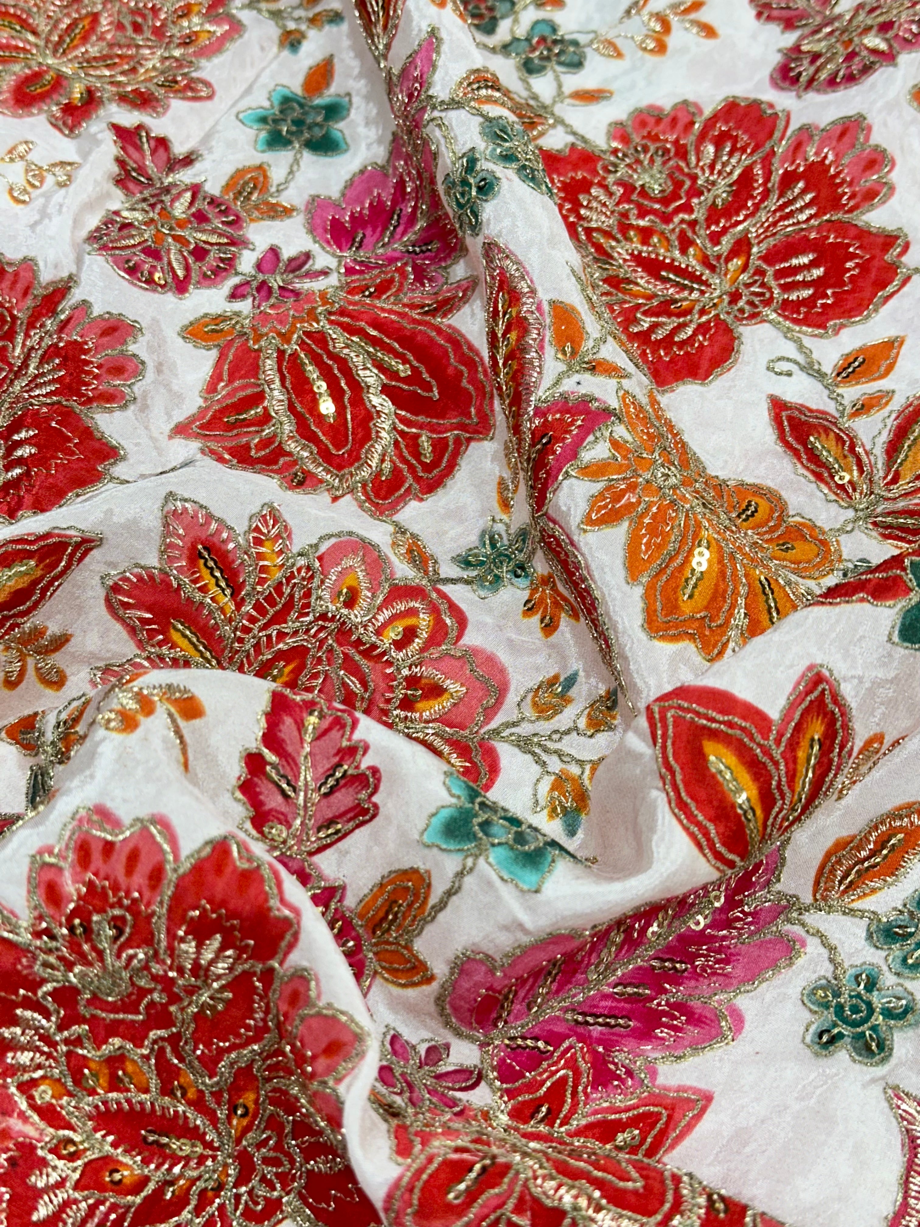 Soft Natural Crepe Floral Placement Print Red