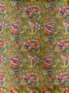 Colorful paisley pattern fabric with intricate designs on a yellow background