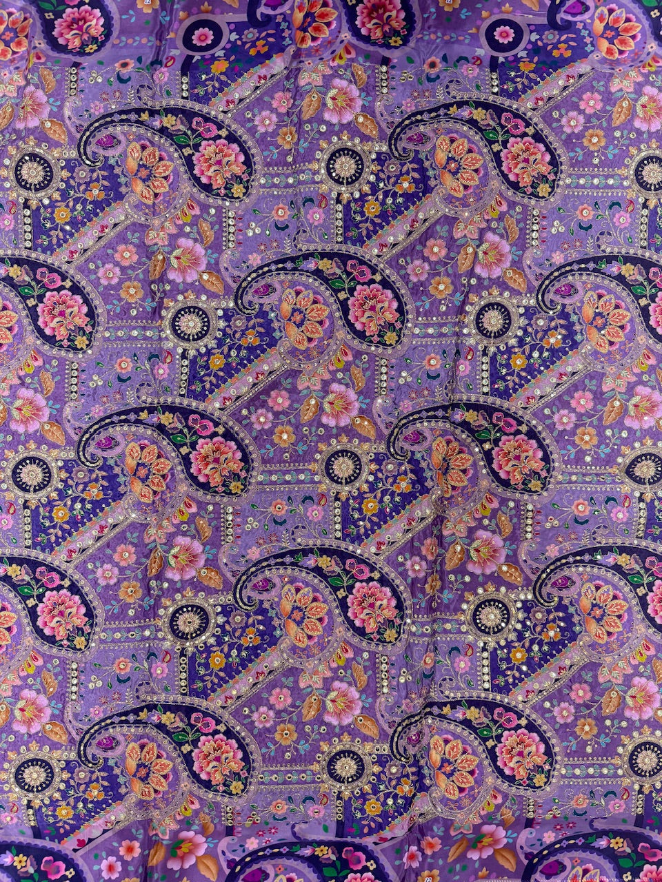 Soft Natural Crepe Paisley Placement Print in Purple Colour