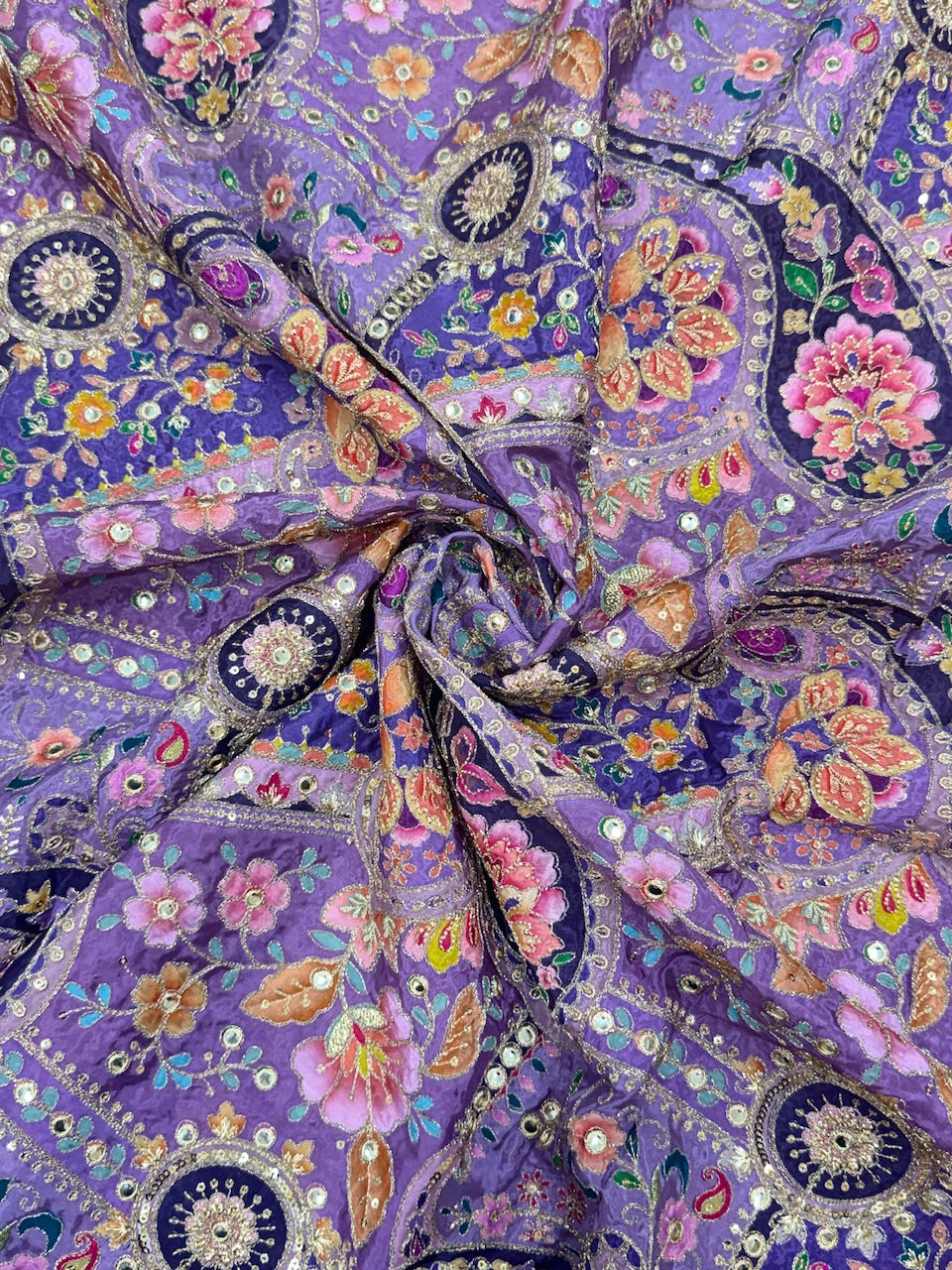 Soft Natural Crepe Paisley Placement Print in Purple Colour