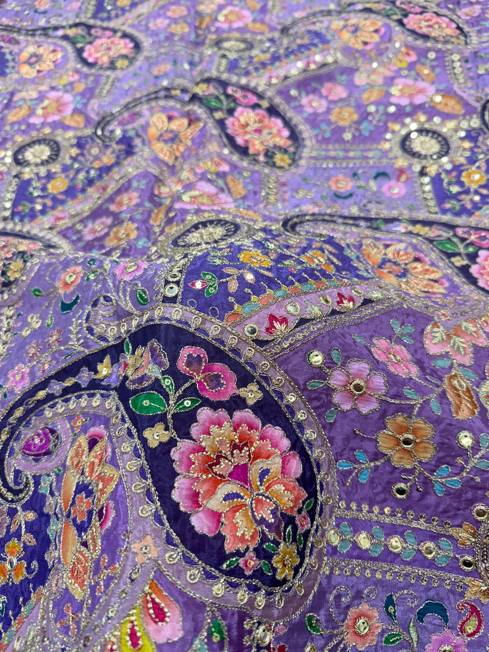 Soft Natural Crepe Paisley Position Print in Purple