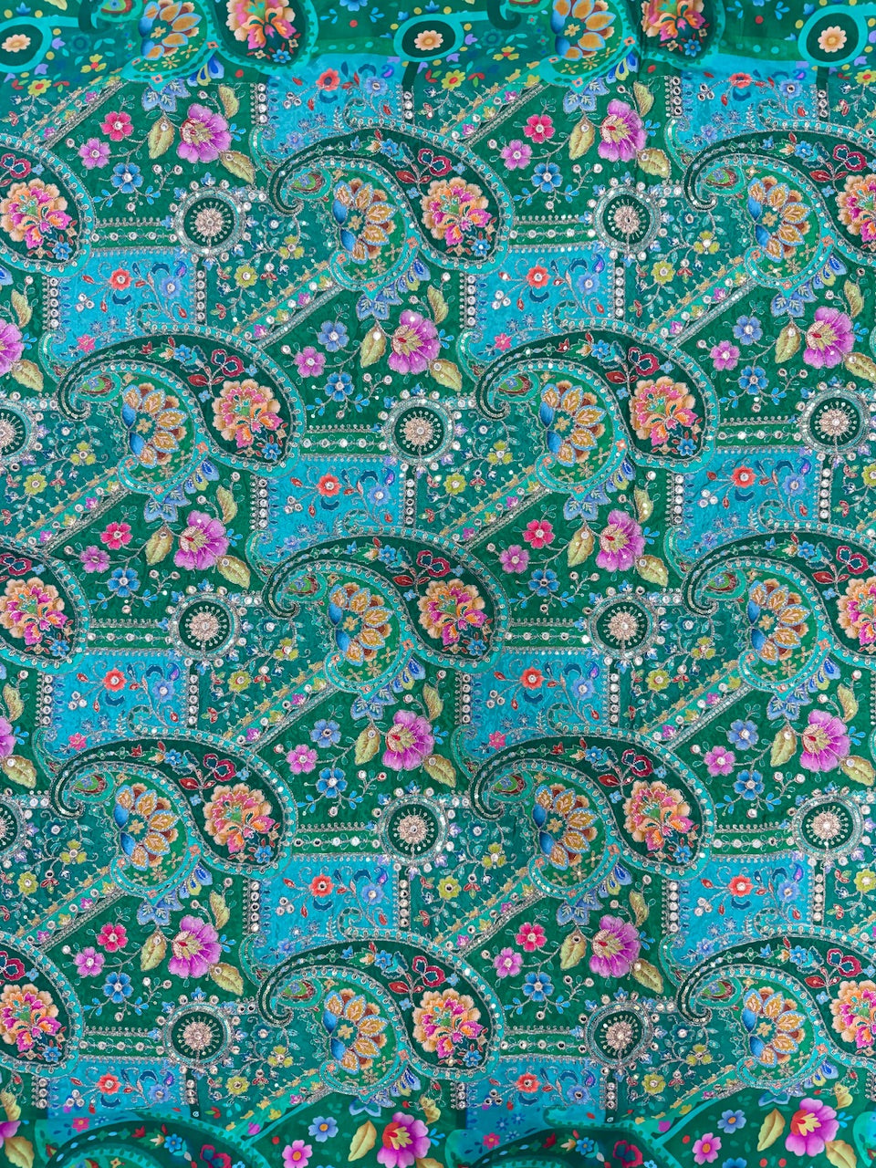 Soft Natural Crepe Paisley Placement Print in Raama Green colour