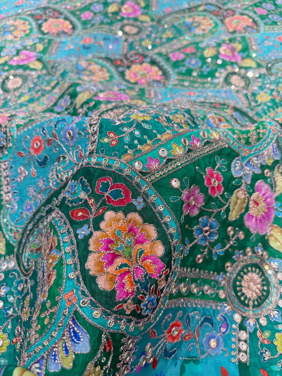 Soft Natural Crepe Paisley Placement Print in Raama Green Colour