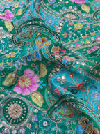 Soft Natural Crepe Paisley Placement Print in Raama Green Colour