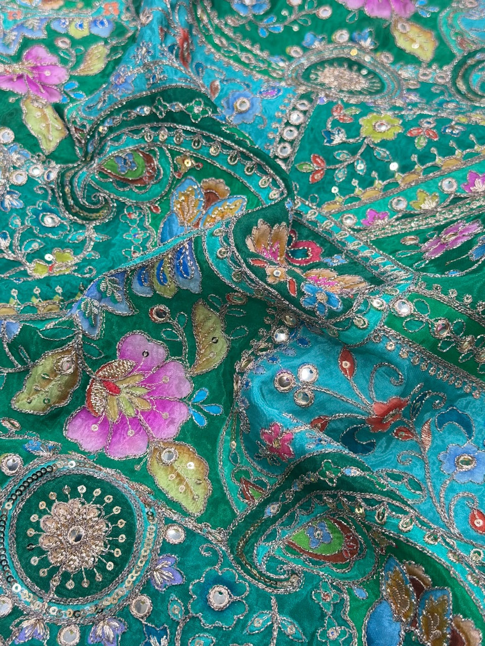 Soft Natural Crepe Paisley Placement Print in Raama Green Colour