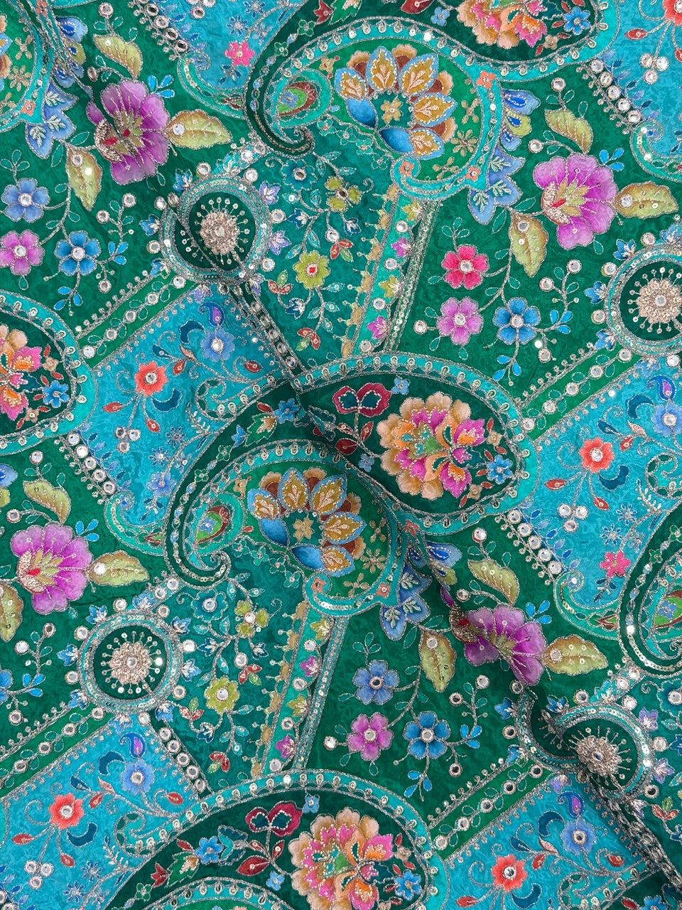 Soft Natural Crepe Paisley position Print in Raama Green Colour