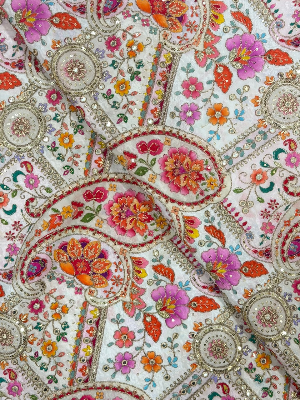 Soft Natural Crepe Paisley Position Print in White colour