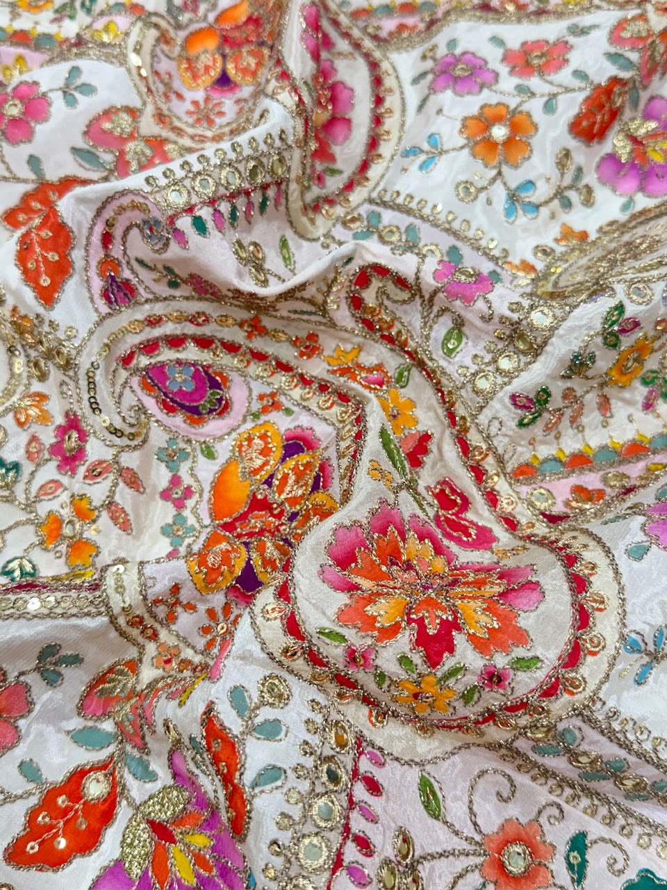 Soft Natural Crepe Paisley Position Print in White colour