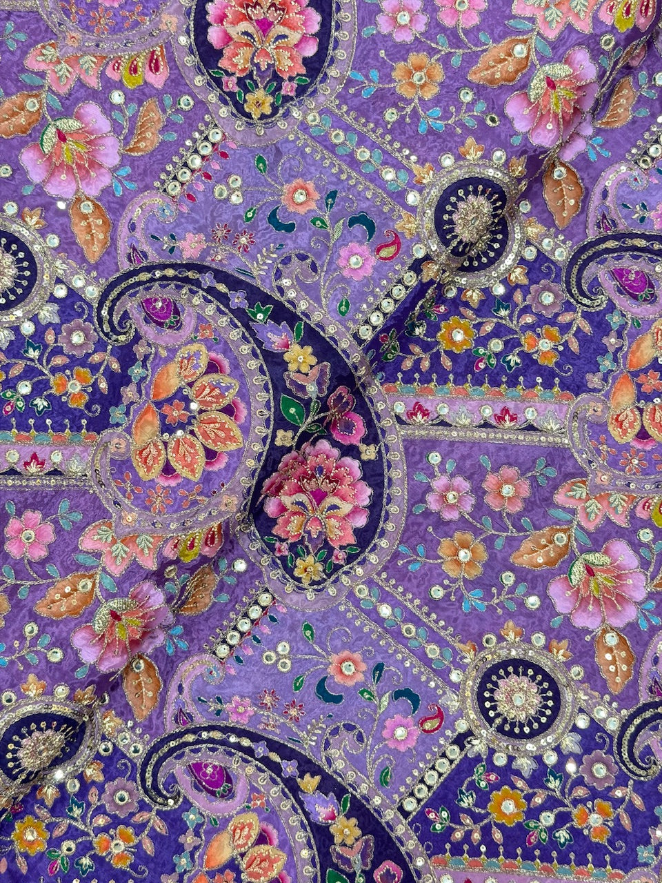 Soft Natural Crepe Paisley Position Print in Purple