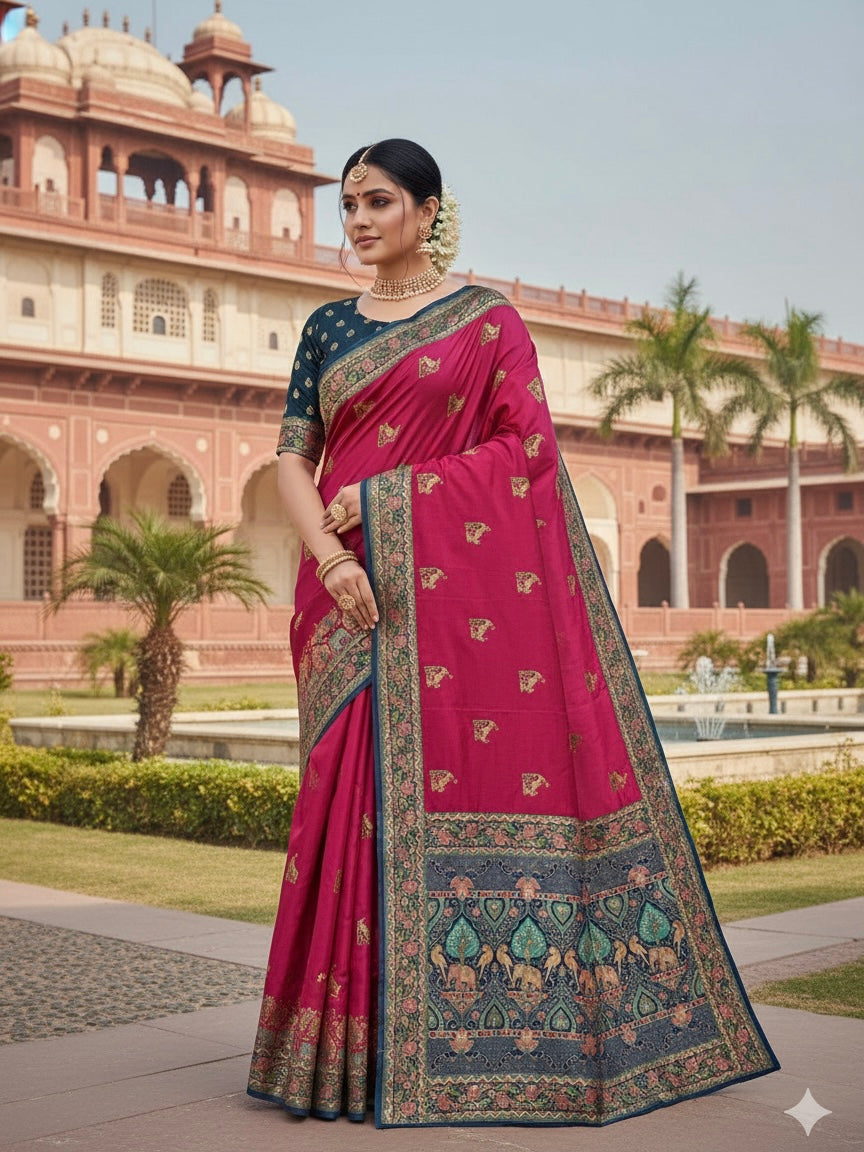 Woman in a pink saree with a traditional design standing in front of a historic building.