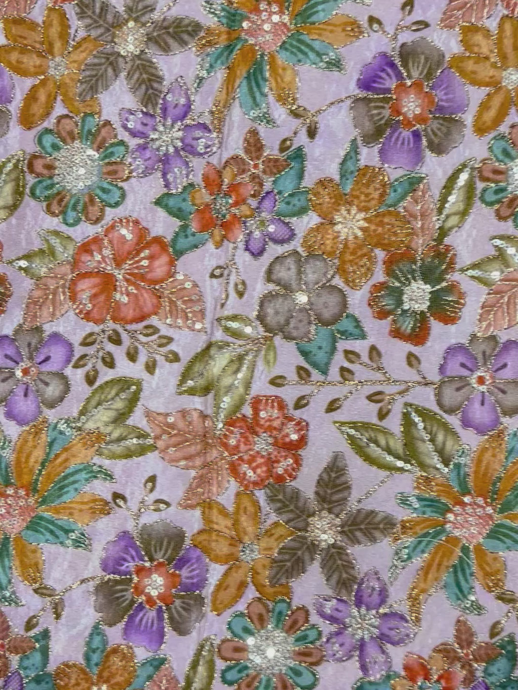 Close-up of floral fabric pattern with multicolor flowers on a light background